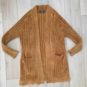 Zara Knit Chenille Cardigan Gold Brown Long Sleeve Sweater Women Sz S